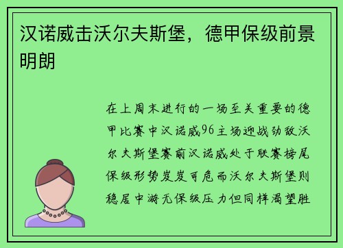 汉诺威击沃尔夫斯堡，德甲保级前景明朗