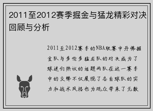 2011至2012赛季掘金与猛龙精彩对决回顾与分析