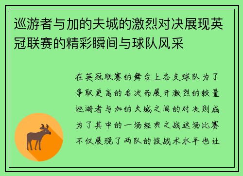 巡游者与加的夫城的激烈对决展现英冠联赛的精彩瞬间与球队风采
